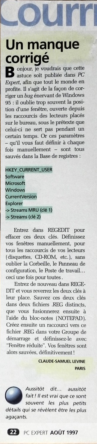 article PC Expert Aout 1997 : astuce pour mémoriser les positions des fenêtres de l'explorateur